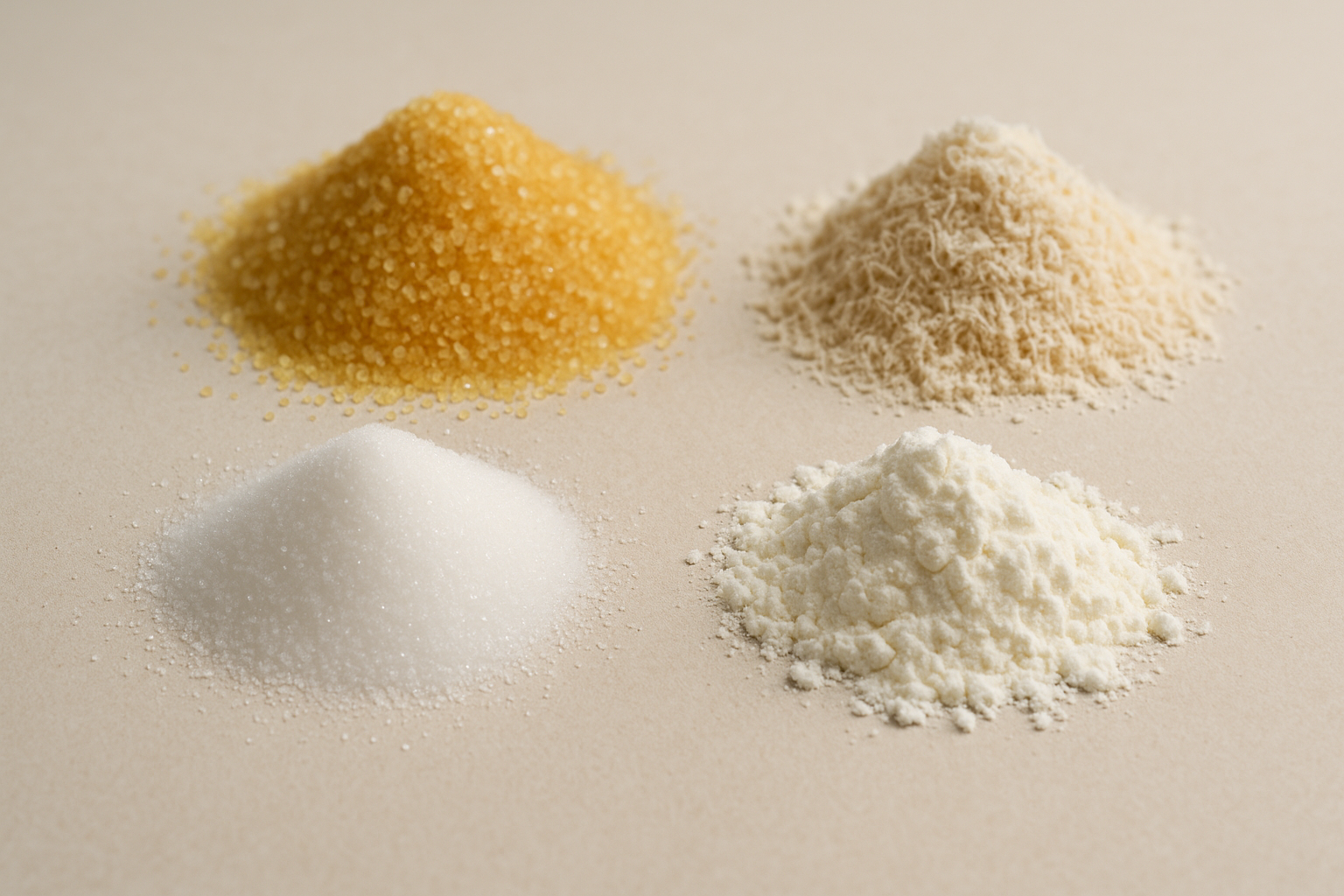 Sugar in different varieties like saccharose fructose cellulose or starch in different heap sizes and colors no text labels added-1